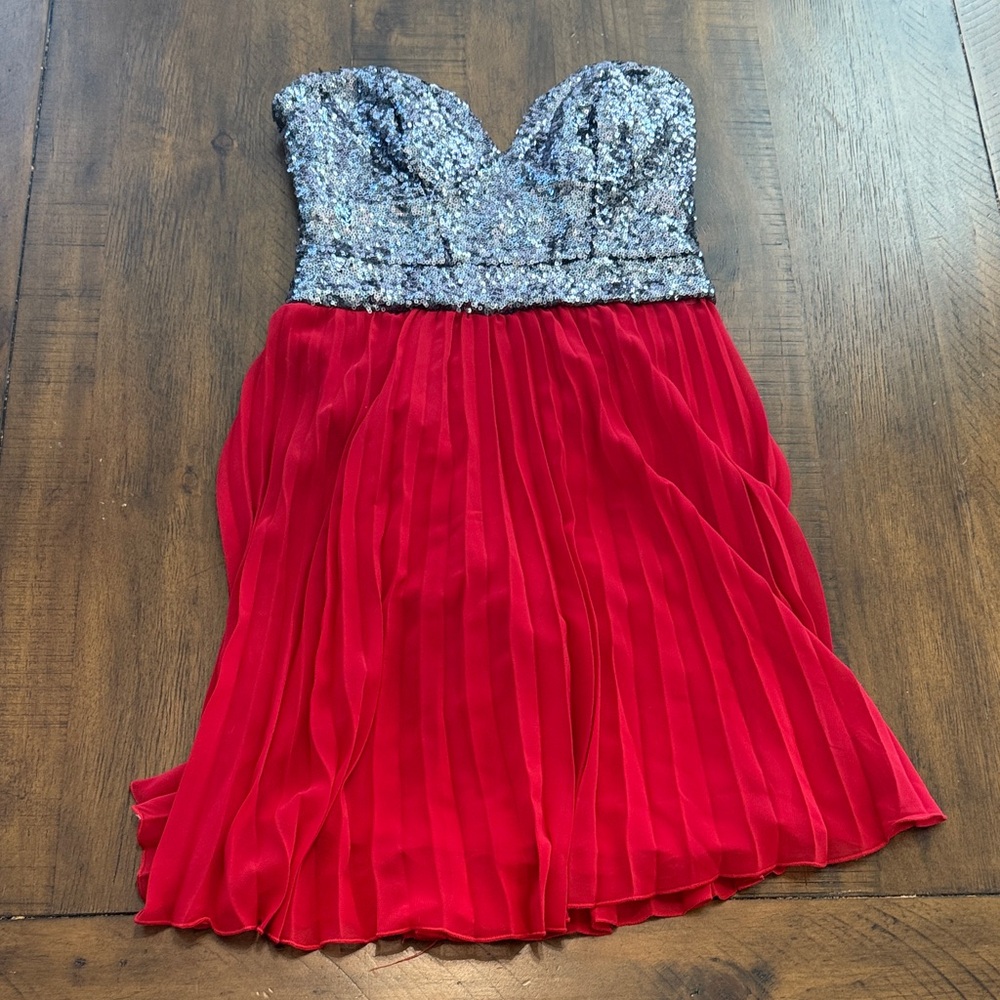Strapless Silver Sequin Dress with Red Pleated Skirt
